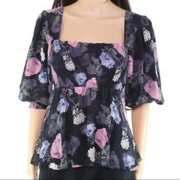 Nicholas 100% Silk Floral Square Neck Smocked Puff Sleeve Blouse Australia Top 6 - Picture 2 of 14